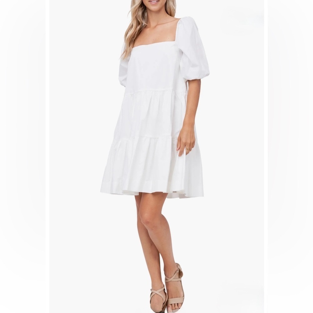 Anthropologie En Saison White Square Neck Tiered Poplin Puff Sleeve Mini Dress